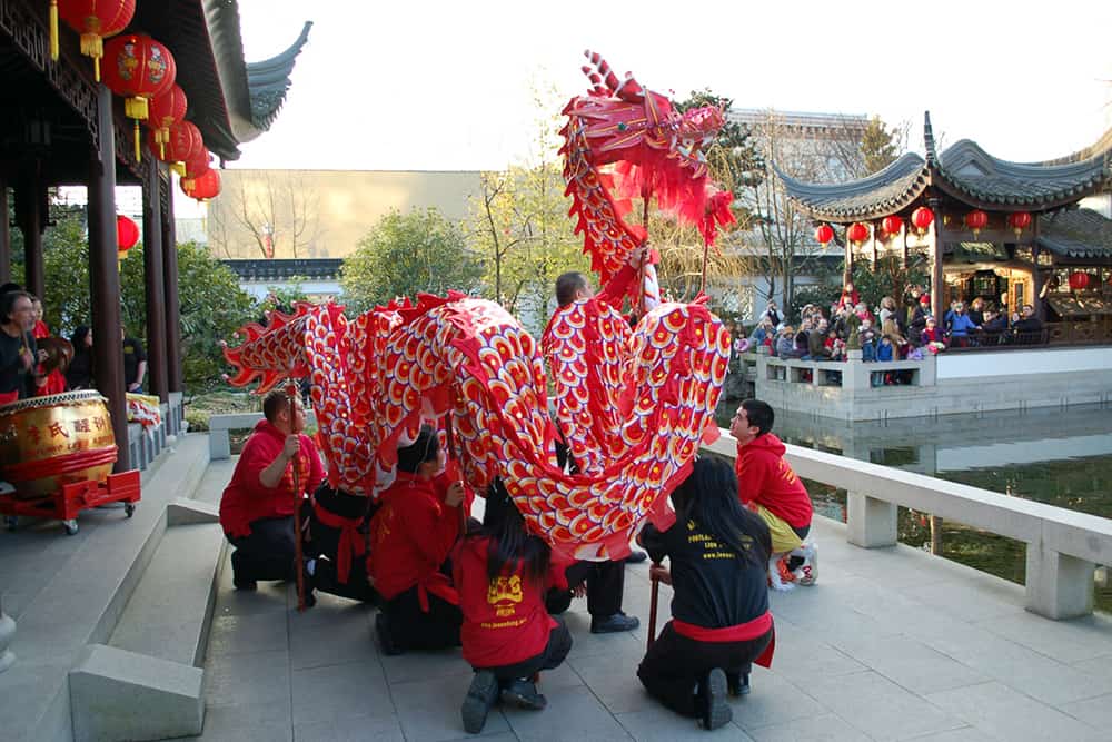 A dragon dance at the Lan Su Chinese Garden 