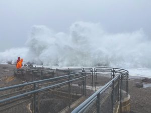 King tide waves delight (and terrify) spectators at the Westport Viewing Tower.