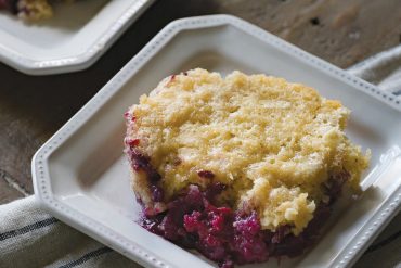 ROUXBE Culinary School’s tart-sweet, onebowl huckleberry cobbler.