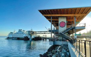 Mukilteo’s new ferry terminal, which opened in December, features artwork from Native artists and architecture designed to resemble a longhouse of the Coastal Salish Tribes.