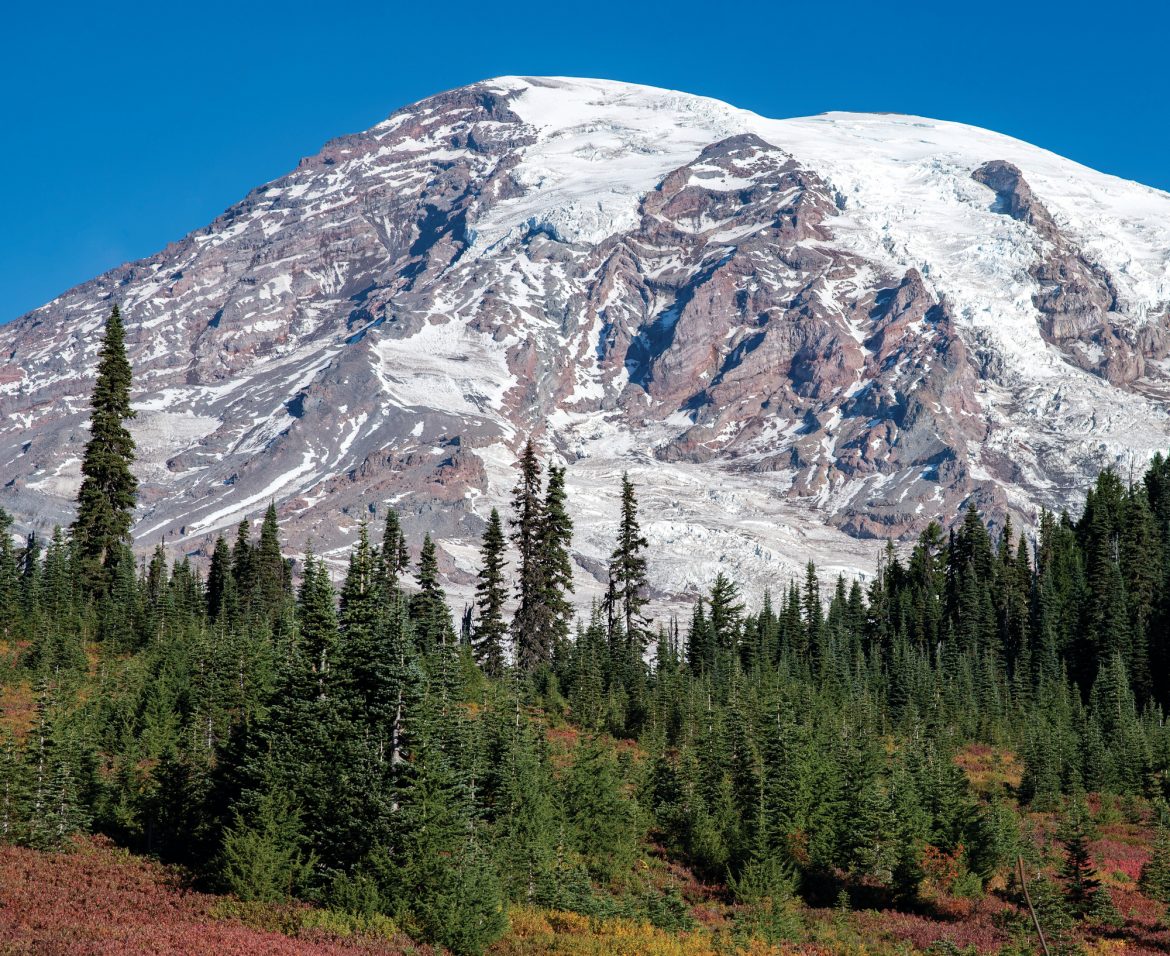 Mount Rainier, first called Talol, Tacoma or Tahoma by the local Salishan-speaking people, offers premier hiking for fall colors.