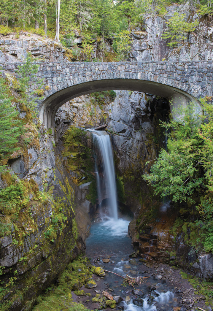 The tiered, 69-foot plunges of Christine Falls are accessible by car year-round.