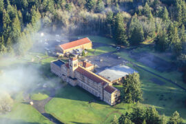 Aerial view of the stately Lodge at St. Edward State Park.