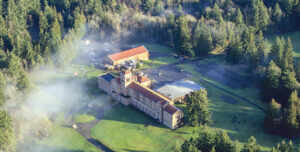 Aerial view of the stately Lodge at St. Edward State Park.