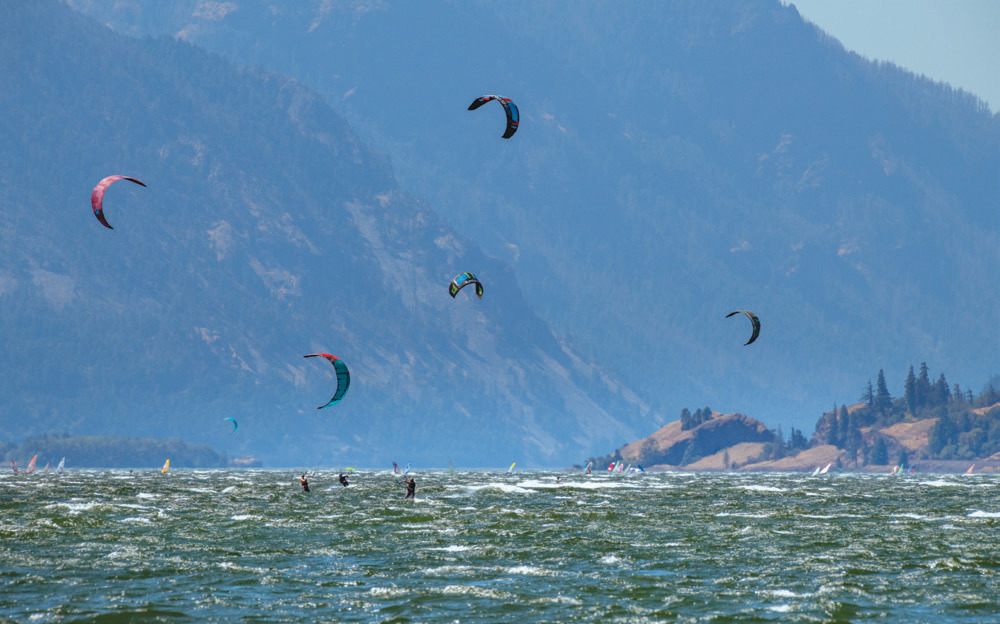 Kiteboarders ply the Columbia here due to the constant wind.
