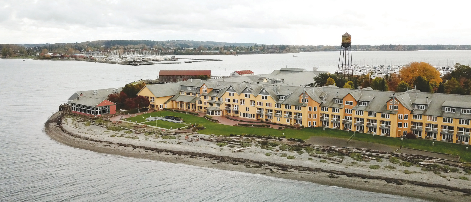 The resort sits on a spit in the Salish Sea.
