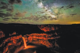 Palouse Falls State Park south of Spokane is one of the most sonorous ways to take in the stars, with the falls tumbling below.